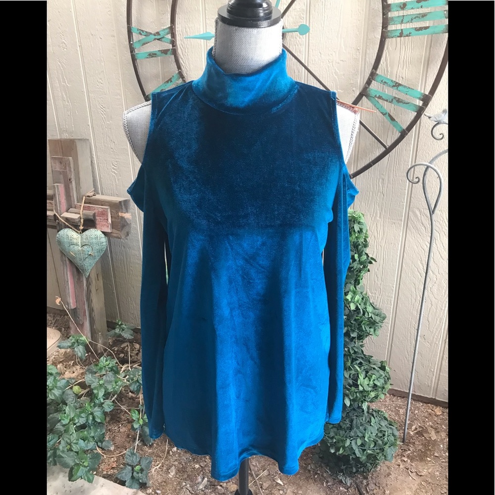 NWT Royal blue velvet turtle neck off the shoulder long sleeve top